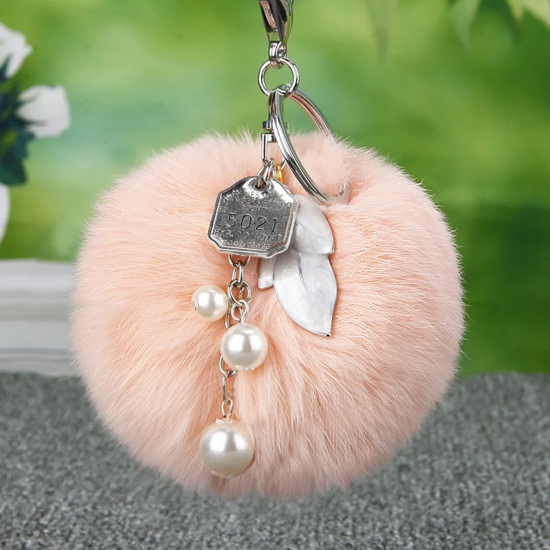 

8cm Fluffy Rabbit Fur Keychain Pearl Leaves Key Ring Fur Pom Pom Keychain Llavero Pompon Porte Clef Pompom De Fourrure Pendant