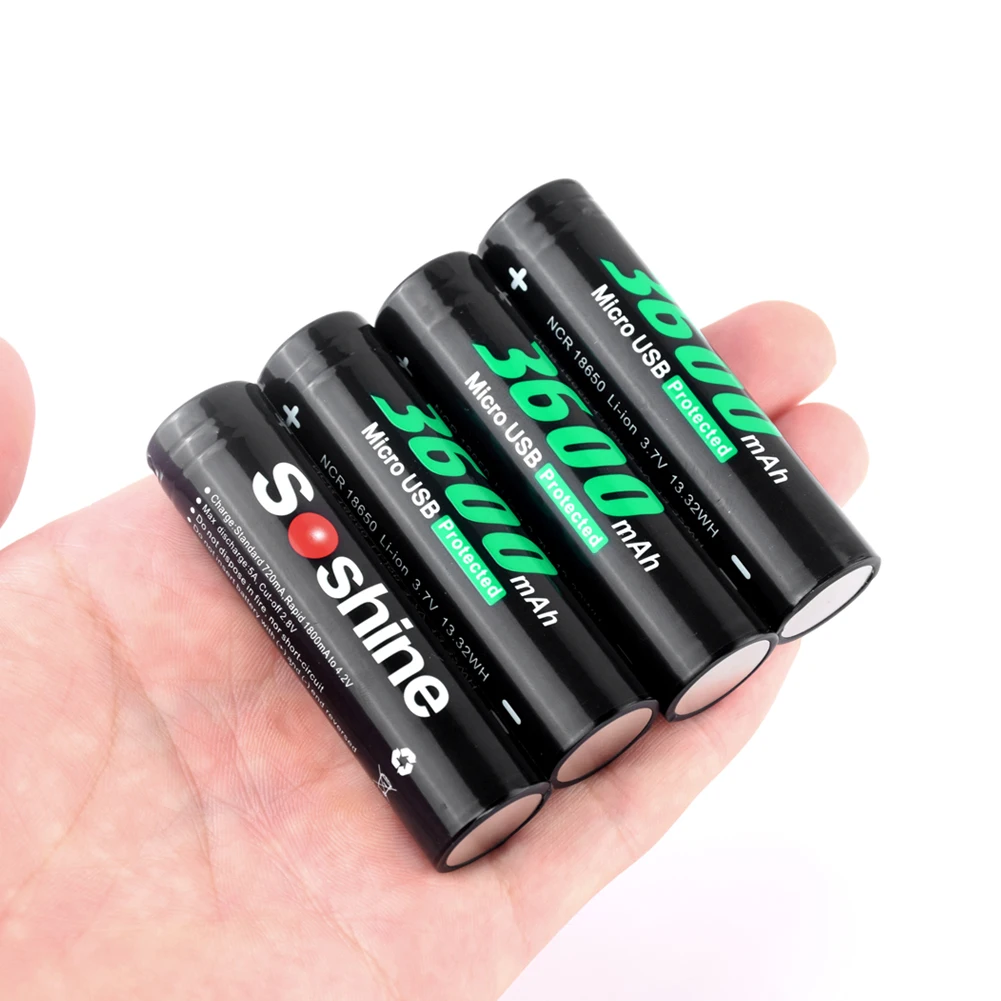 

Original SOSHINE 18650 rechargeable battery 3.7V 3600mah Li-ion 18650 Batteries with Built-In Micro USB directly charger port