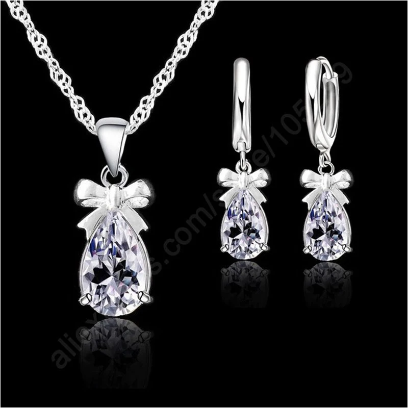 

Women Romantic Wedding Bridal Crystal Jewelry Sets 925 Serling Silver Clear CZ Pendant Necklace Earrings Sets Wholesale