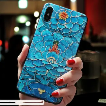 

X Ancient landscape Embroidery Emboss Flower Blue oil painting Relief case For Iphone XS MAX XR cover FOR Iphone XS X case