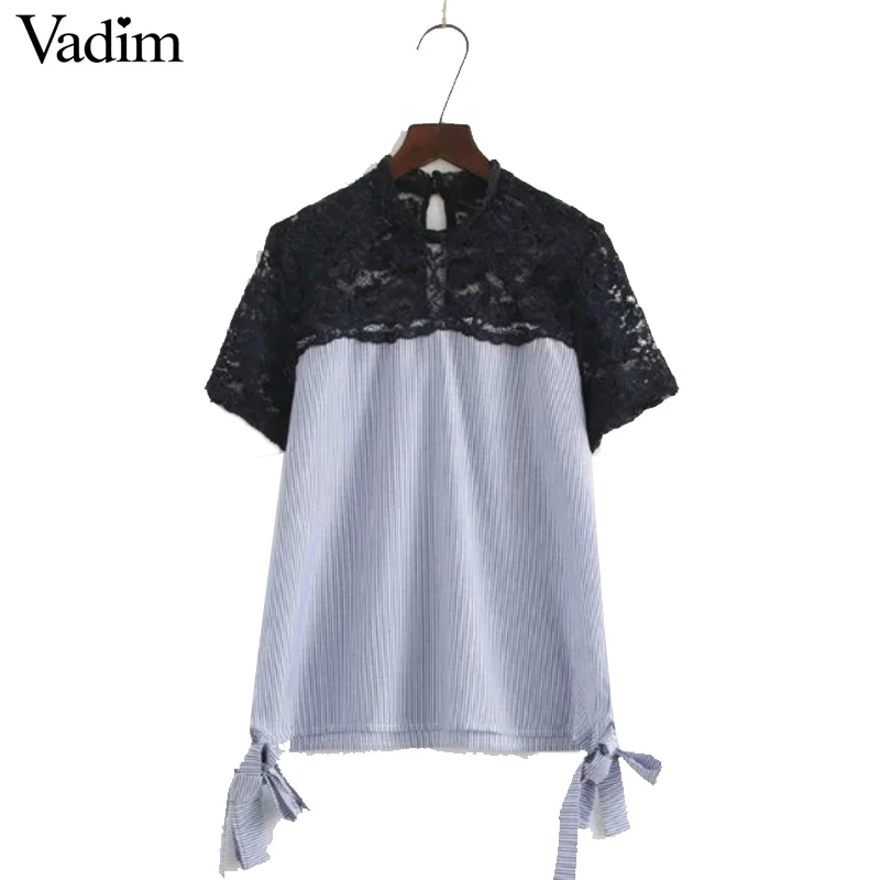 Women lace patchwork striped shirts short sleeve bow tie