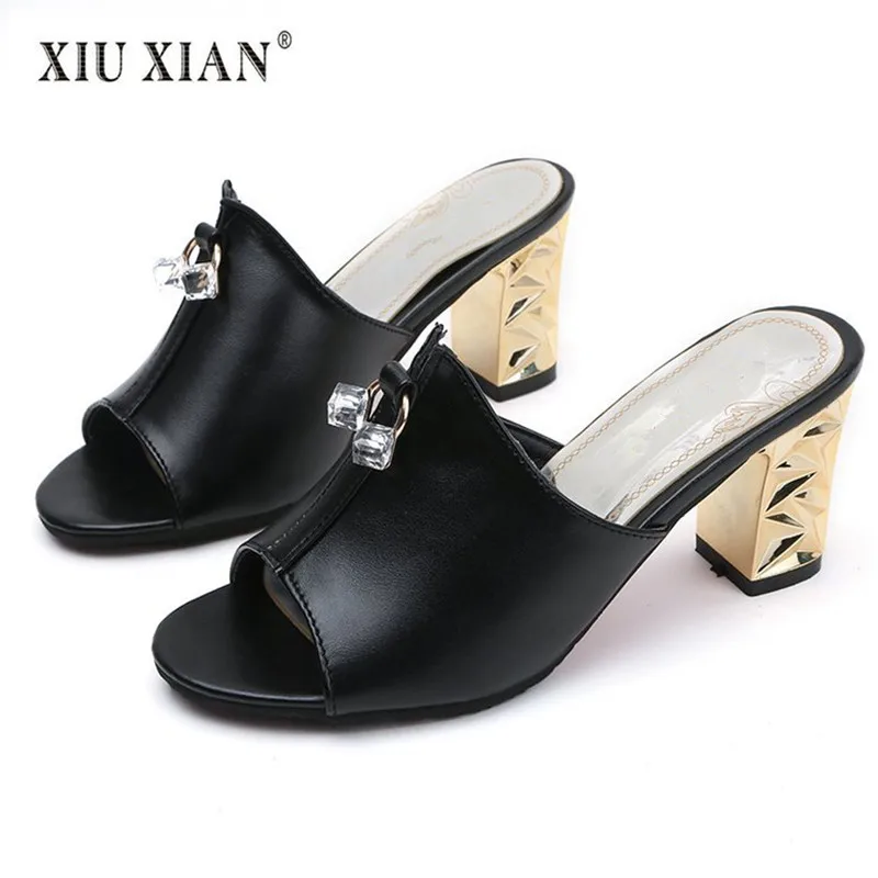 

2018 New Peep Toe Thick High Heel Elegant Lady Outside Slippers PU Leather Slip on Solid Fashion Sandal Women Summer Casual Shoe