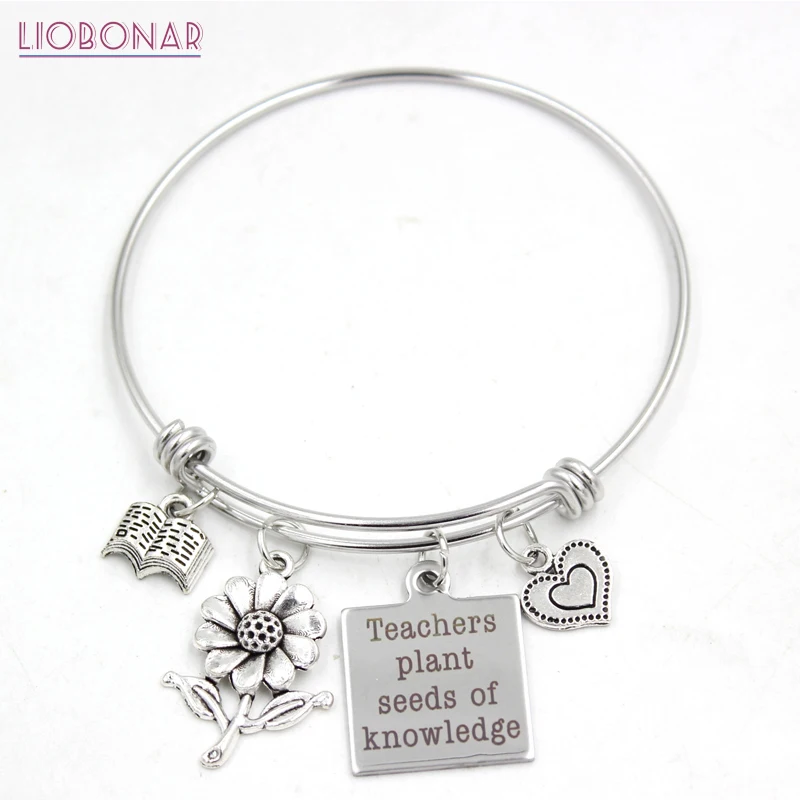 

1PC Stainless Steel Jewelry Adjustable Wire Bangle heart flower book teachers Charm Bracelets for teachers gifts Bijoux Pulsera