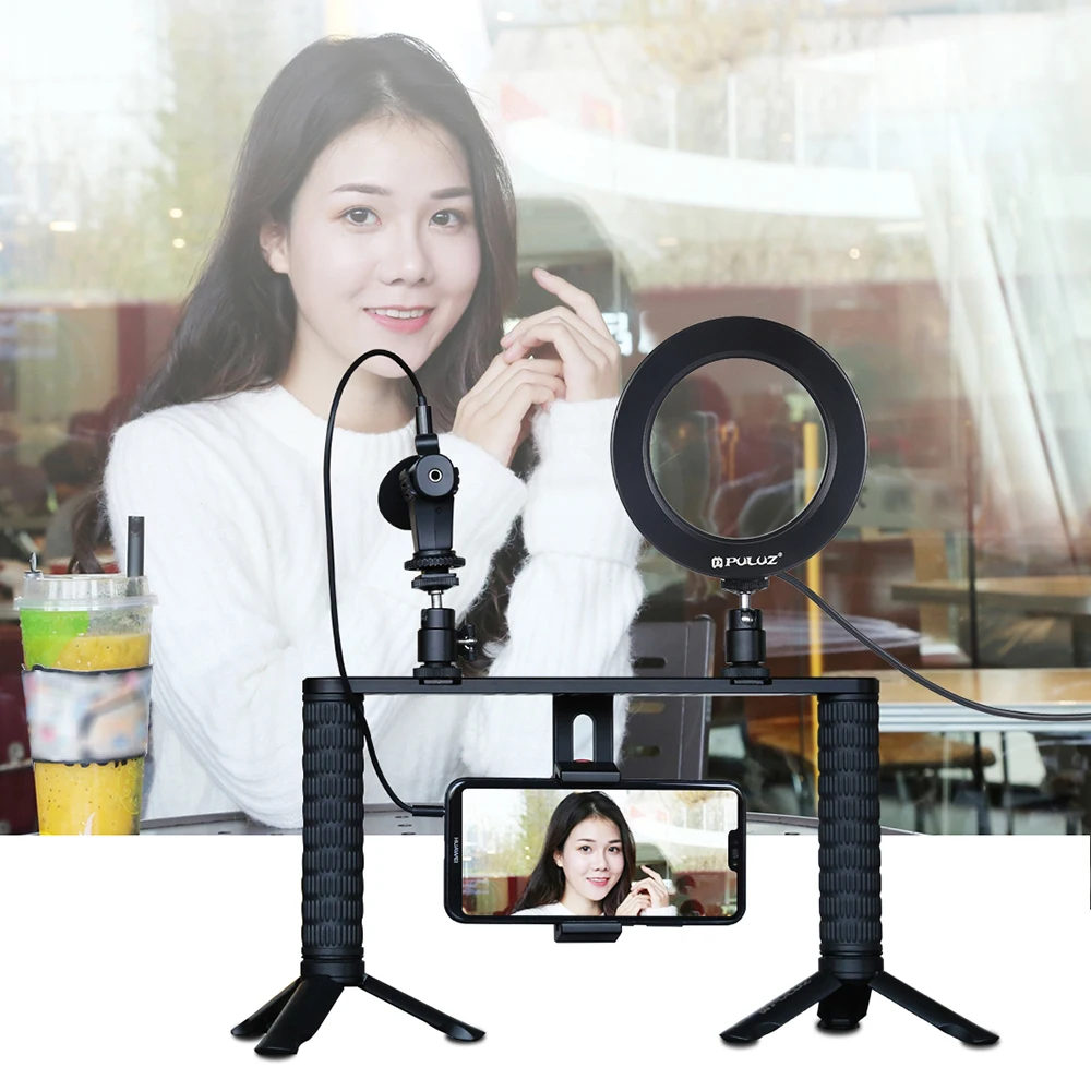 4 in 1 Photography Kit for phone Tripod Stand with Selfie LED Ring Light lamp for youtube Live Video Recording with Microphone