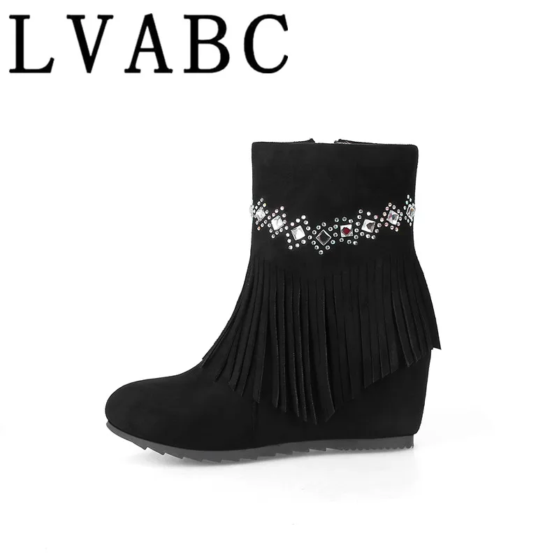 

2017 autumn and winter new large size women's shoes matte diamond flat bottom increased high boots with short high-heeled tassel