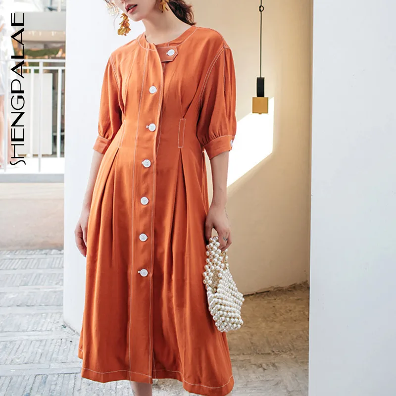 

SHENGPALAE Summer Spring 2019 High Solid Street Fashion Style Vintage Mid-calf Lantern Sleeve Empire O-neck A-line Dress FQ385
