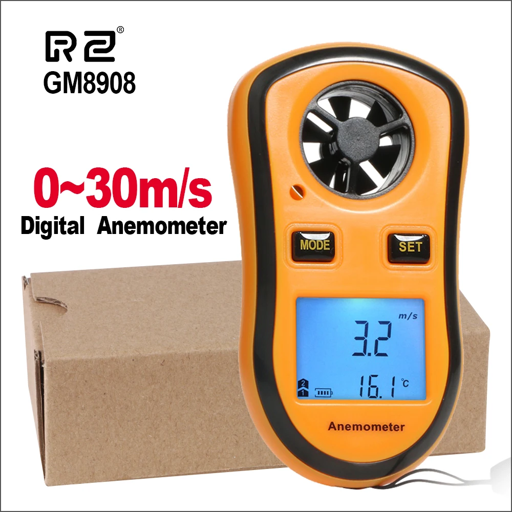 RZ переносной Анемометр, термометр, измеритель скорости ветра, анемометр, измеритель ветра 30 м/с, ЖК-цифровой Ручной измерительный инструмент GM816 - Color: GM8908