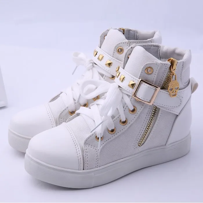 

2019 spring and summer new rivet canvas shoes women's heightening side zipper metal decorative shoes