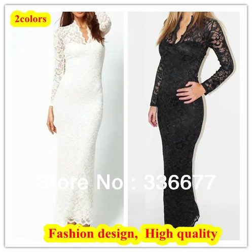 Free Shipping Europe Style Autumn/Winter Long Pattern High Quality White/black Sexy Slim Fit Lace Patchwork Dresses QR-2167 long-white-lace-dress