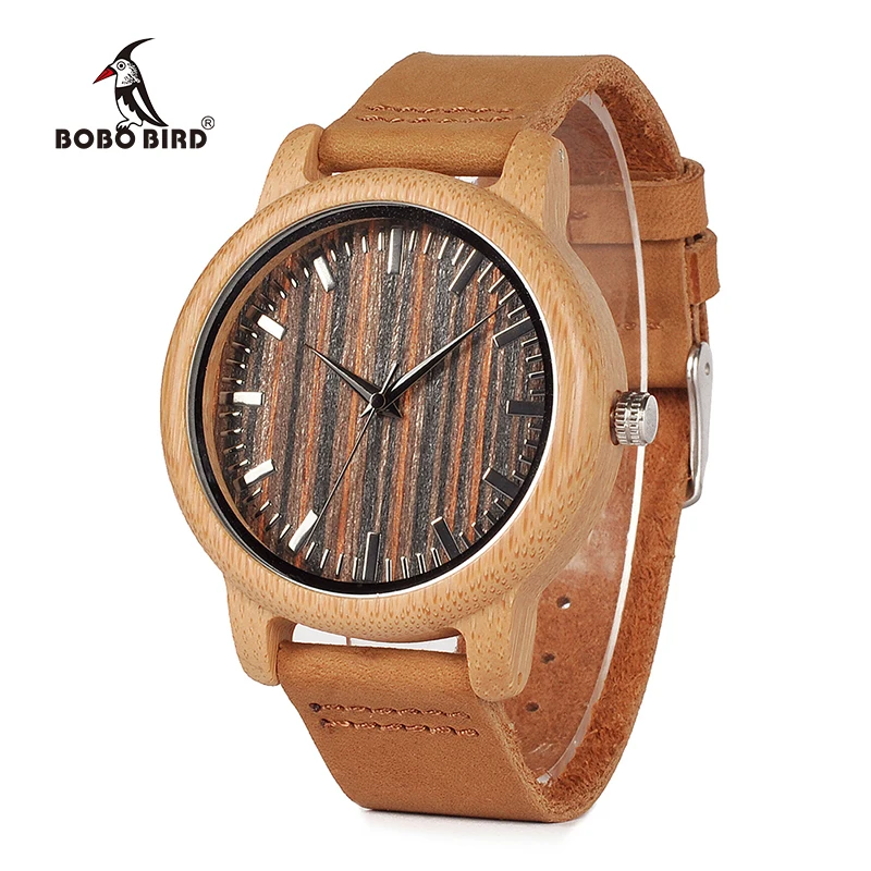 BOBO BIRD V-H08 Mens Handmade Bamboo Watches Wooden Dial Leather Strap Quartz Wristwatch in Gift Box Relojes Hombre V-H08