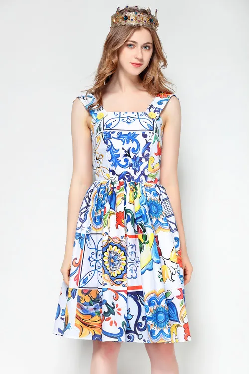 Женское модное милое платье с рисунком Сицилии и фарфоровой плитки, летнее платье без рукавов, новинка, синее