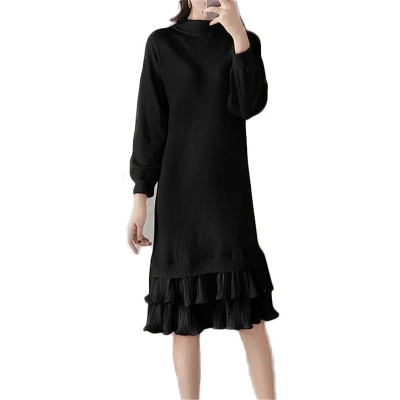 

2019 Fashion Autumn Winter Women Elegant Midi-Long Knitted Sweater Dress Female Knit Loose Dress Ruffles Pullover Dresses A64