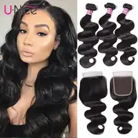 Unice Hair With Closure 8-30" Human Hair Bundles With Closure 4PCS Natural Color Peruvian Body Wave Bundles With Closure