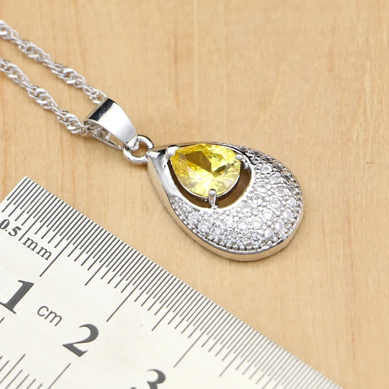 Silver 925 Costume Jewelry Sets Natural Light Yellow Zircon For Women Bride EarringsPendantRingNecklace Set Dropshipping (3)