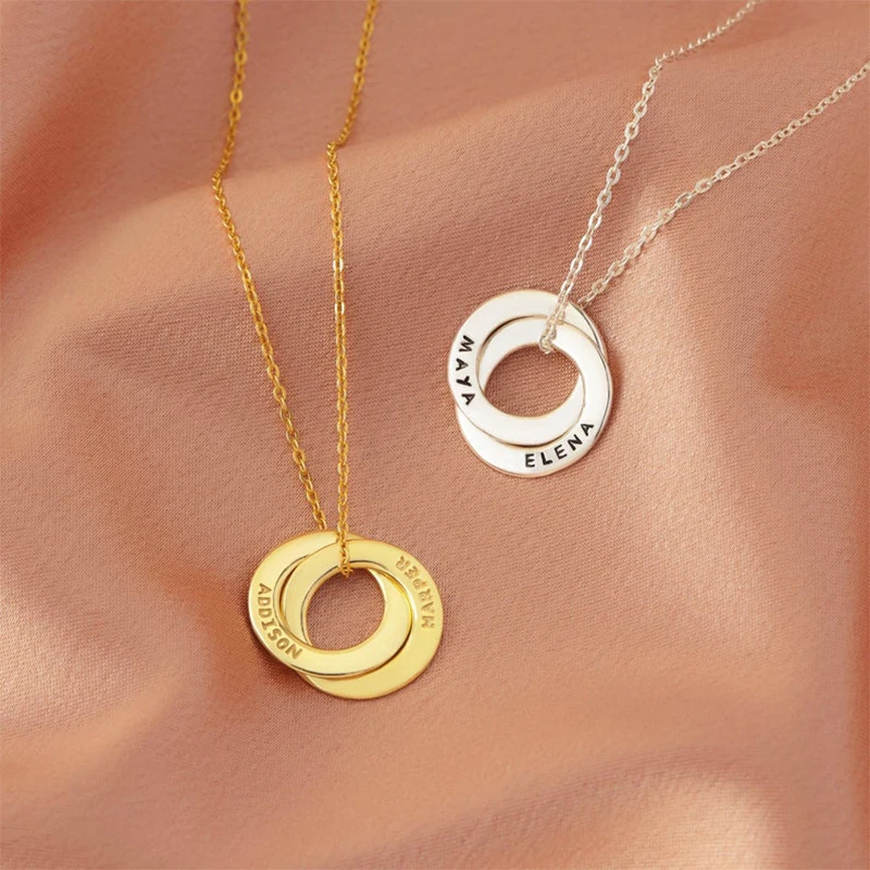 Lateefah Unique Name Necklace 2 Circle Name Pendant Gold Color Handmade Engraved Necklaces Jewelry Memory Gift For Mom Kids