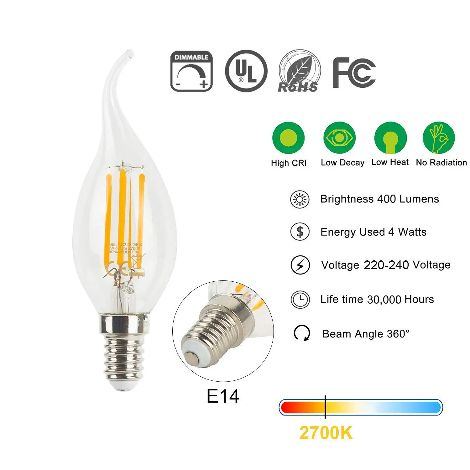 GANRILAND светодиодный E14 220V лампа 3,5 W C35T светодиодный Диммируемый свечи накаливания канделябры с изогнутым кончиком 35W эквивалент накаливания