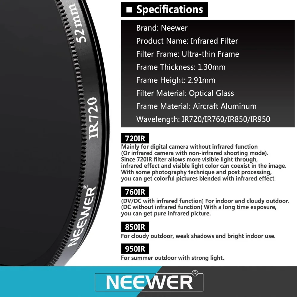 Набор инфракрасных фильтров Neewer для X Ray 4 шт.: IR720/IR760/IR850/IR950 с фильтром чехол NIKON