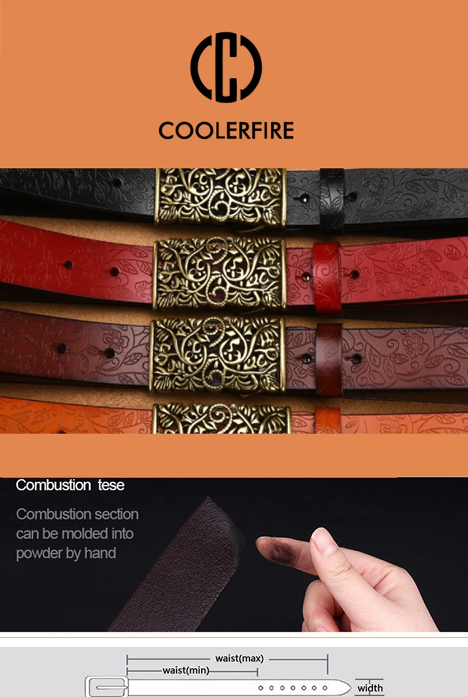 COOLERFIRE Genuine Cowskin Leather Belts For Women Carved Design Retro Metal Women Strap Female High Quality Belts LB015