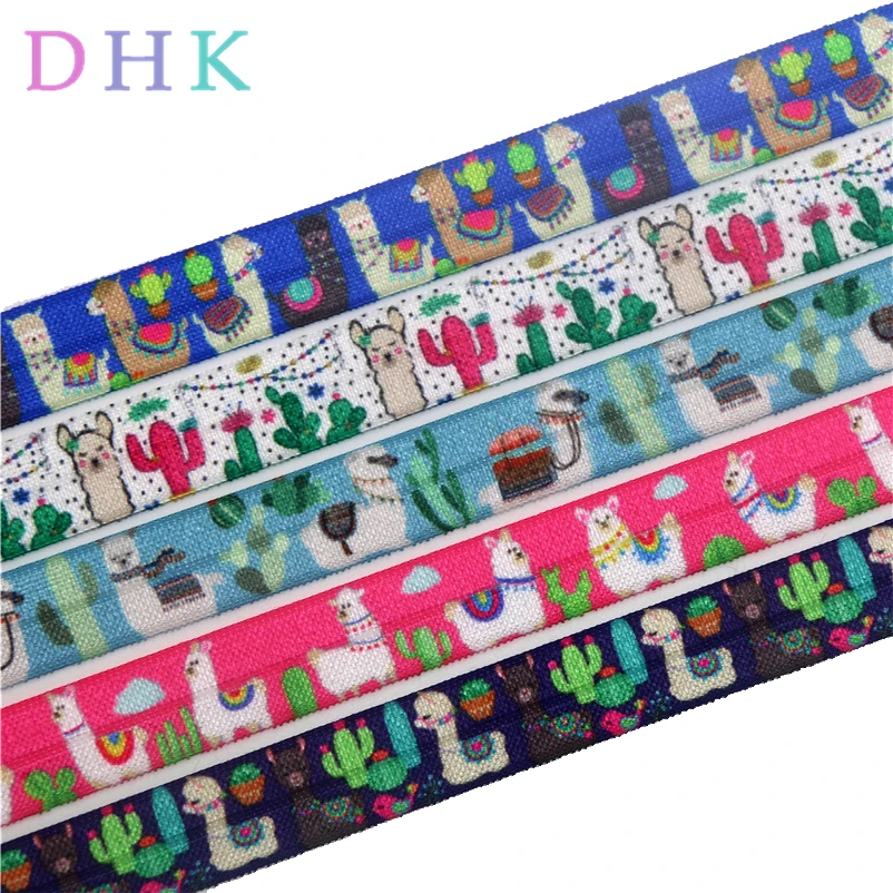 

DHK 5/8'' 5yards Alpaca mexico cactus printed Fold Elastic FOE stretch ribbon hairbow headwear headband DIY OEM C1609
