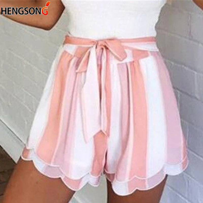 

Lotus Leaf Skirt Shorts Women Edge Striped Shorts High Waist Drawstring Belted Shorts Girls Female Summer Shorts