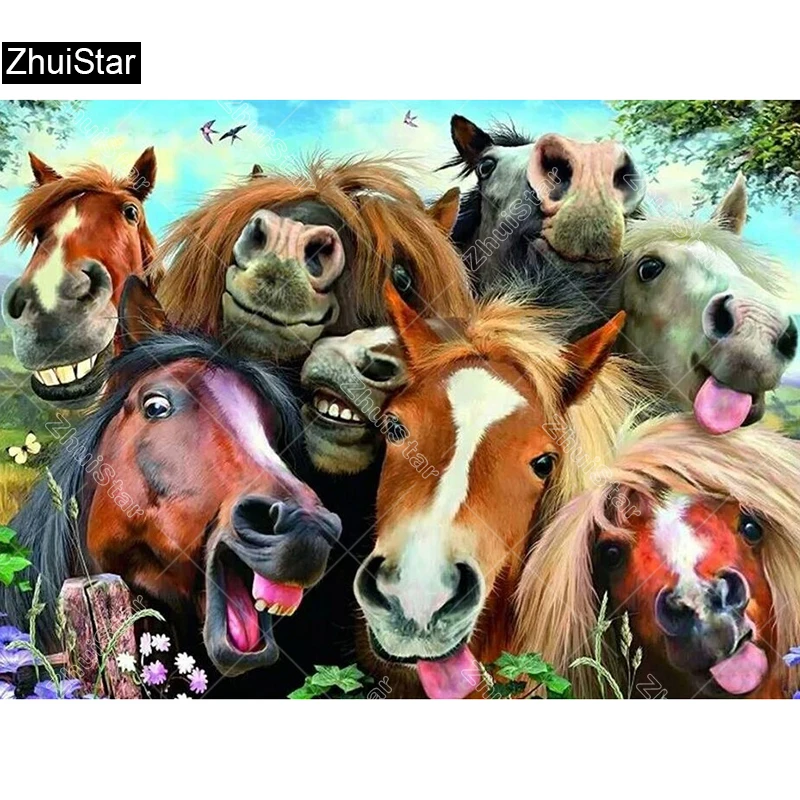 5D Full Diamond Painting Animal happy colorful Horses Diamond Mosaic