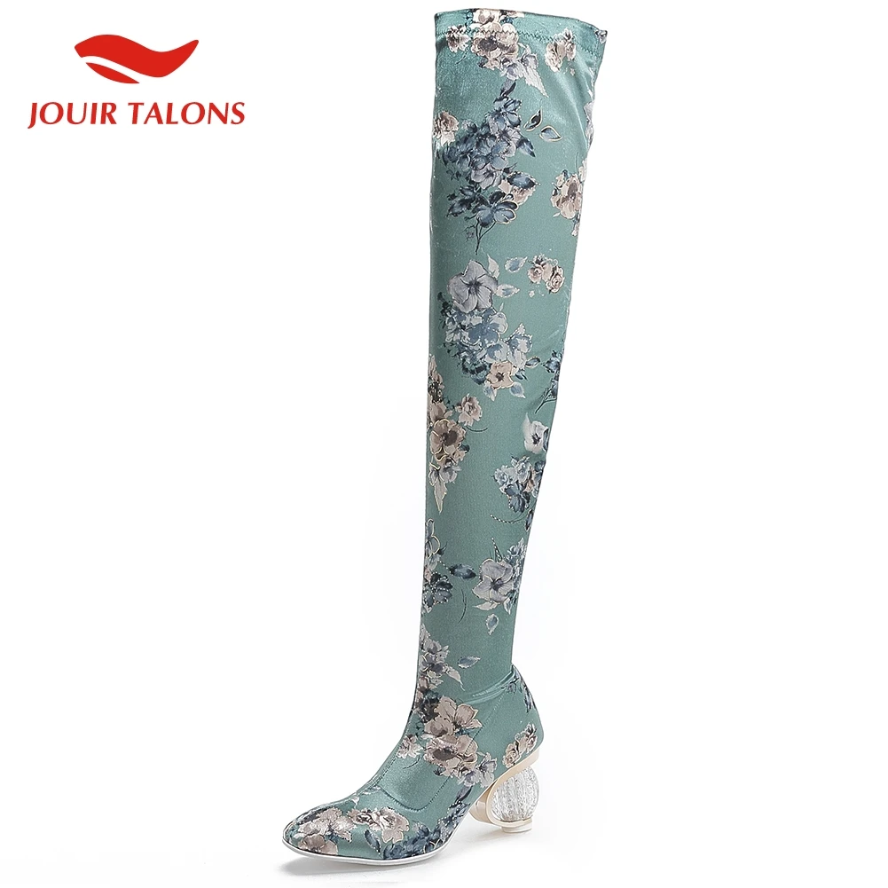 

2019 Elegant Silk Flower Print Over The Knee Boots Woman Spring Autumn Round High Heels Long Boots Women Big Size 34-44