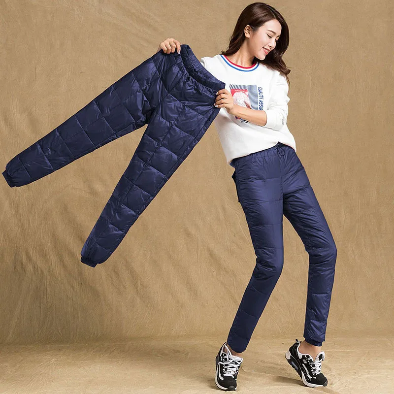 Зимние складывающиеся пуховые штаны для женщин, двойные пуховые мягкие узкие брюки, тонкие эластичные плотные брюки на 80% утином пуху, дамские PT-150 - Цвет: Dark Blue