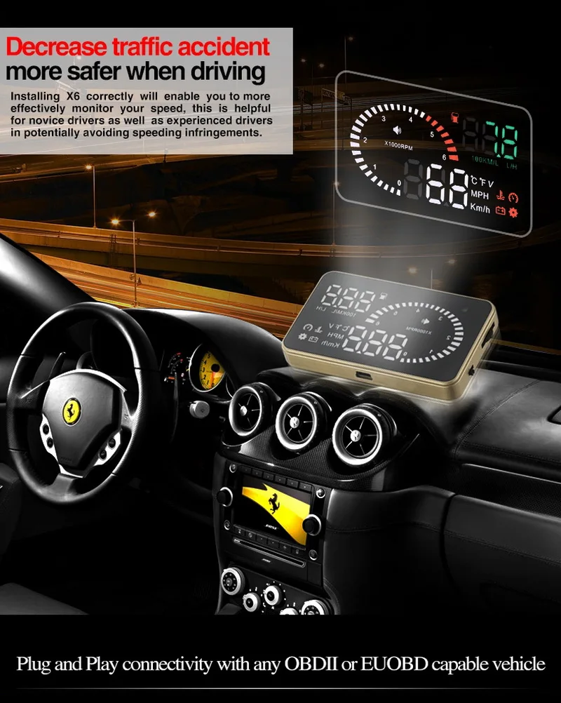 Смарт-OBD2 автомобильный коллиматорный Дисплей 3 дюймов Универсальный X6 золотой дизайн расход топлива Аварийная сигнализация Напряжение ometerauto Дисплей
