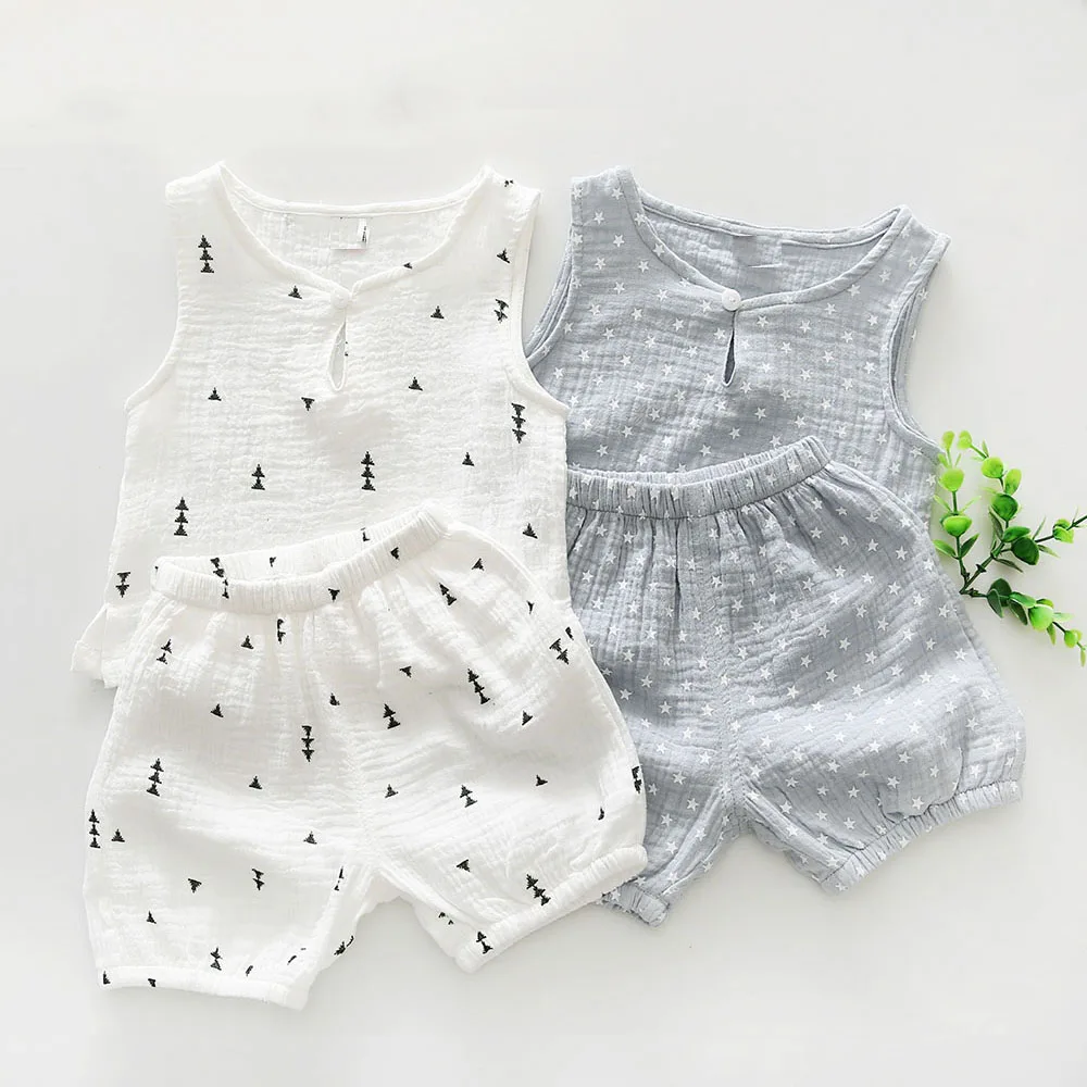 

Cotton Infant Newborn Baby Boys Girls Summer Clothing Sets Star Tree Print Tank tops and Shorts 2 pcs Suits Outfits