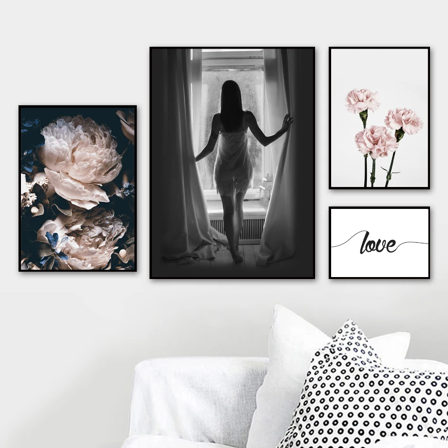 

Pink Peony Carnation Woman Window Quotes Wall Art Canvas Painting Nordic Posters And Prints Wall Pictures For Living Room Decor