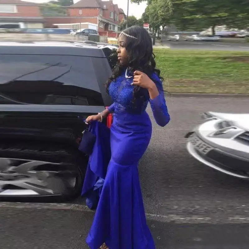 Royal Blue African Mermaid Evening Dresses Long Sleeves Large Size Evening Dress O Neck Illusion Zipper Back Muslim Evening Gown