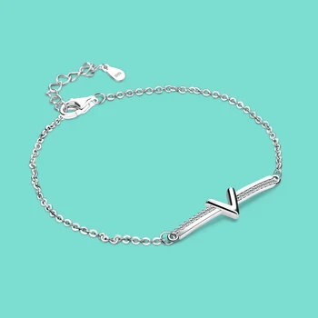 

Simple silver bracelet girl 925 sterling silver V letter zircon pendant design chic silver jewelry solid silver bracelet bijoux