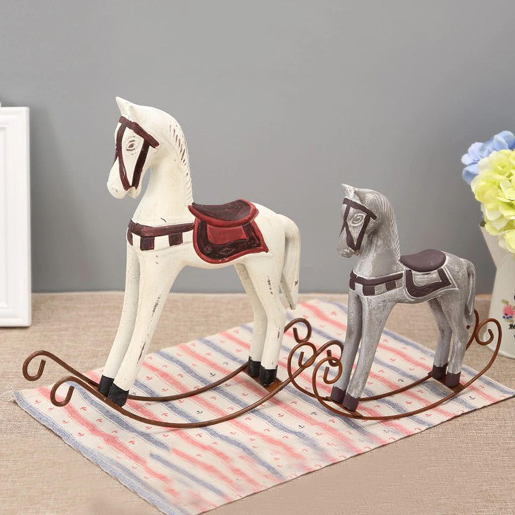 European Style Horse Statue Wedding Decor Home Office Desktop Decoration Wooden Rocking Horse Ornament Gifts
