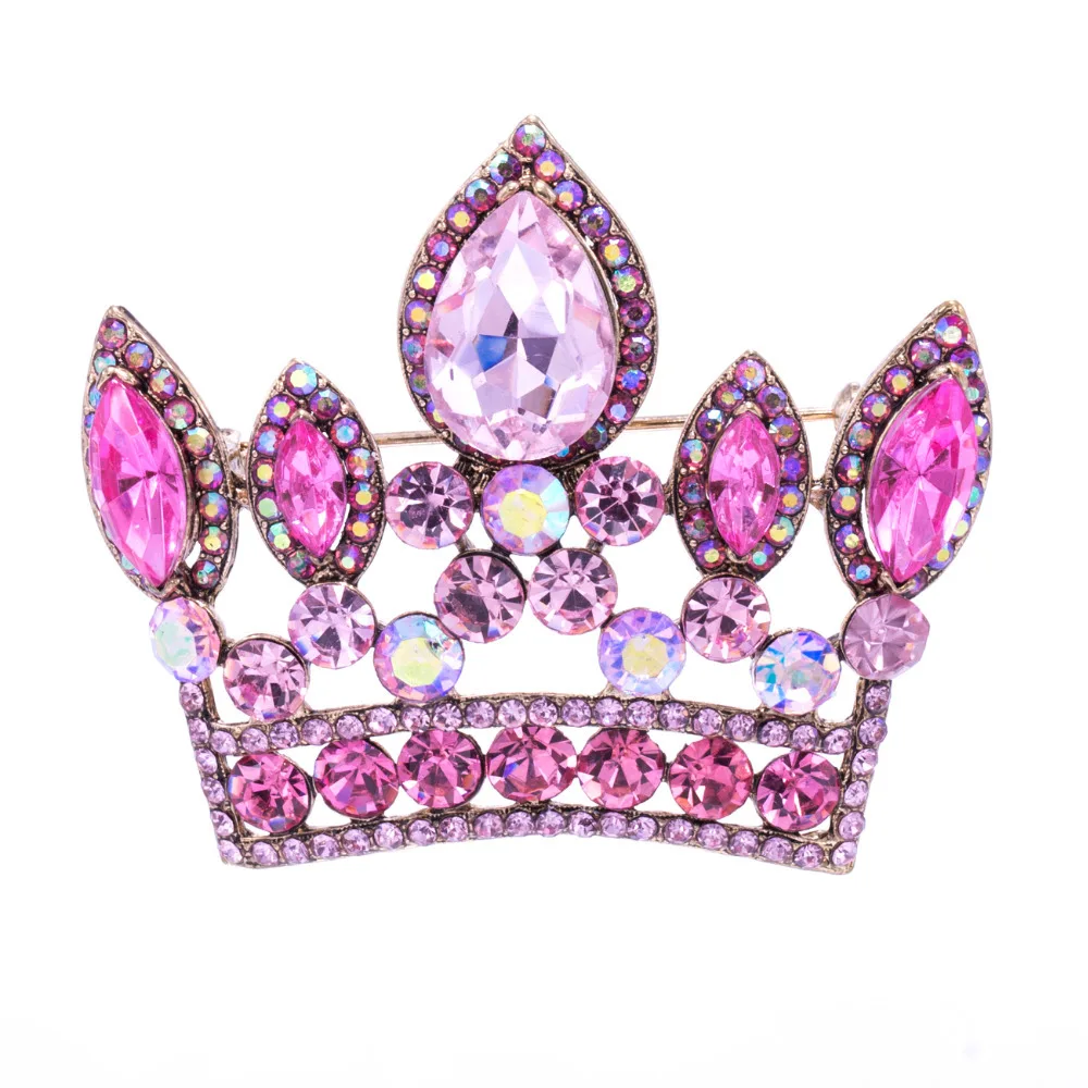 Vintage Crown Pendant Brooch Broach Pins Pink Crystals Rhinestone