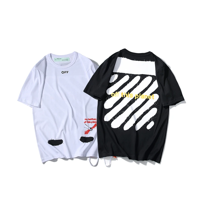 

19ss Off-White OW Splashing ink Graffiti oblique stripe Men/Women Couple models Fashion Cotton Short sleeve Round neck T-shirt
