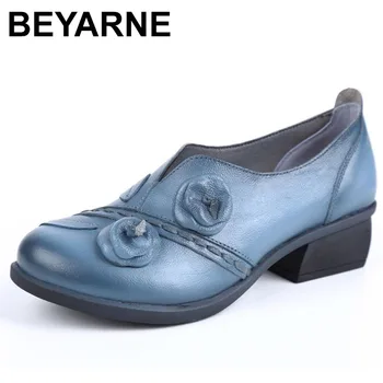 

BEYARNE 2019 Retro Style Handmade Pumps Genuine Leather Mid Heels Round Toe Low Heels Women ShoesE127