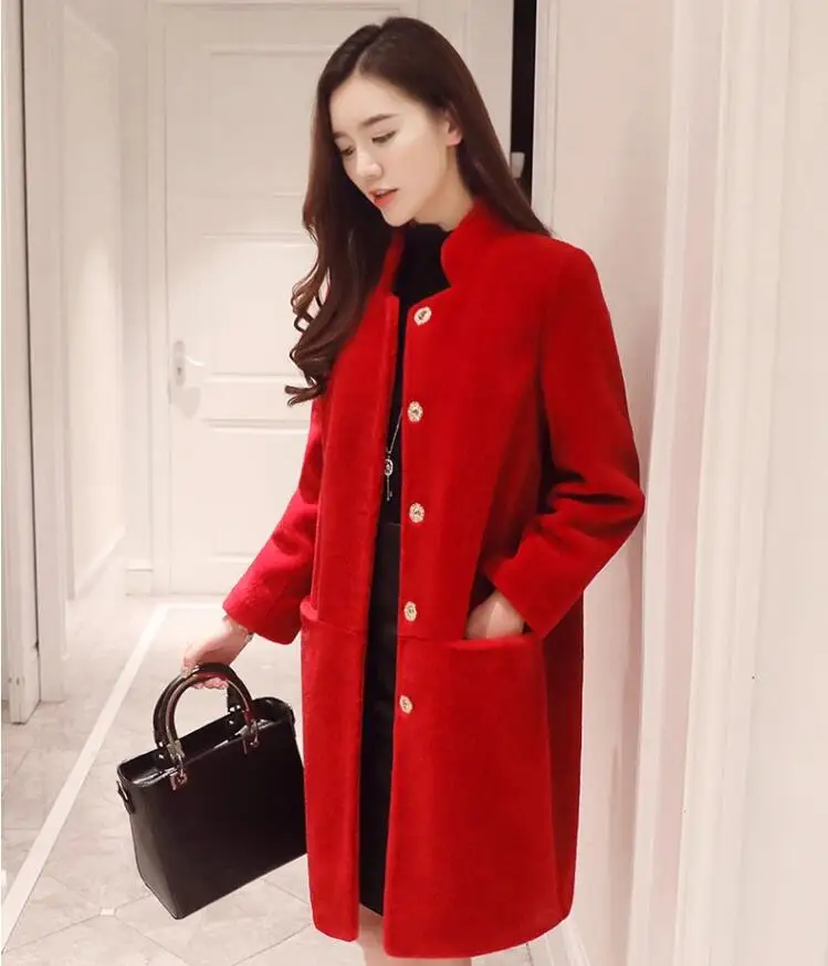 AYUNSUE плюс размер натуральный мех, шерсть пальто Женская зимняя куртка женская овечья стрижка Подставка для одежды воротник Корейский 5xl Abrigo Mujer KJ543 - Цвет: Red