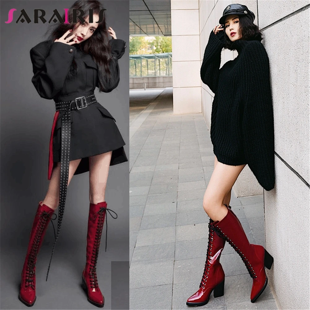 

SARAIRIS Brand New Patent Pu Pointed Toe Zip Cross Tied Square High Heels Shoes Woman Casual Party Winter Spring Knee High Boots