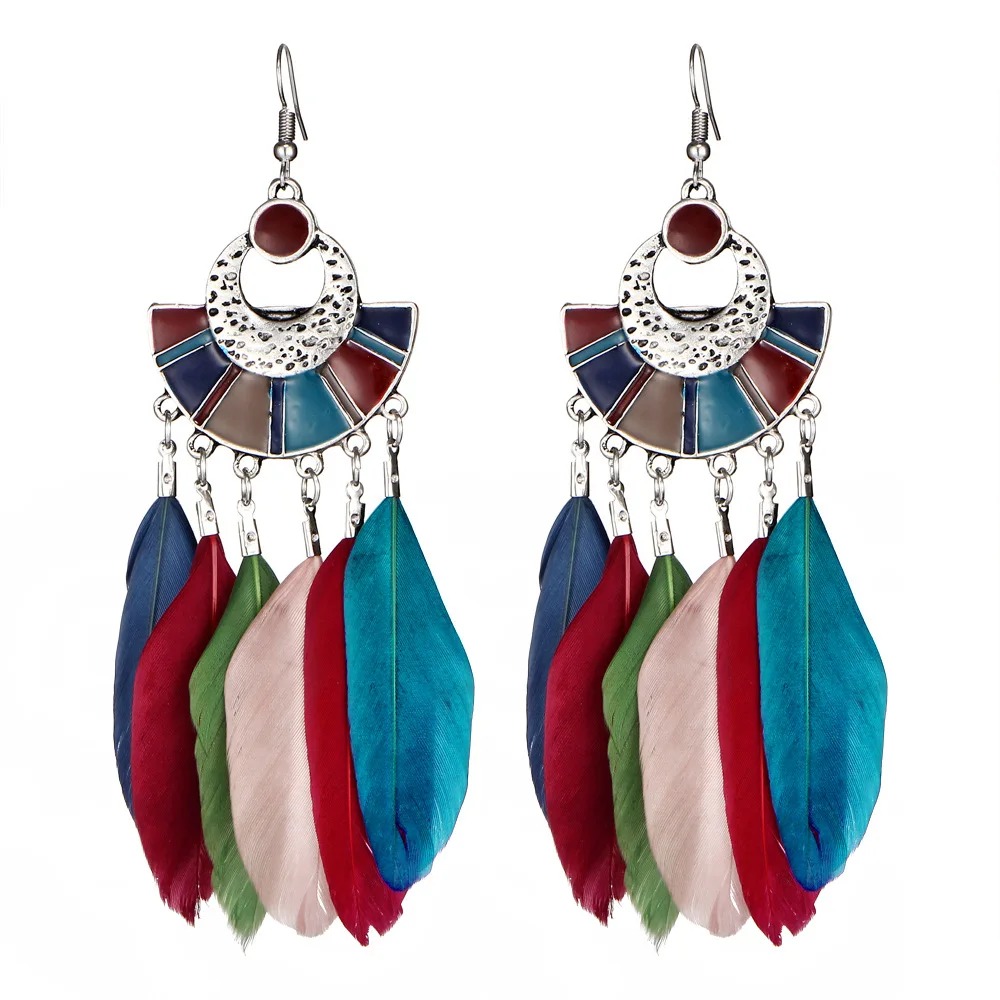 

Fashion Colorful Feather Earrings Ethnic Style Antique Silver Color with Enamel Drop Boho Earrings For Women Girl Casual Jewelry