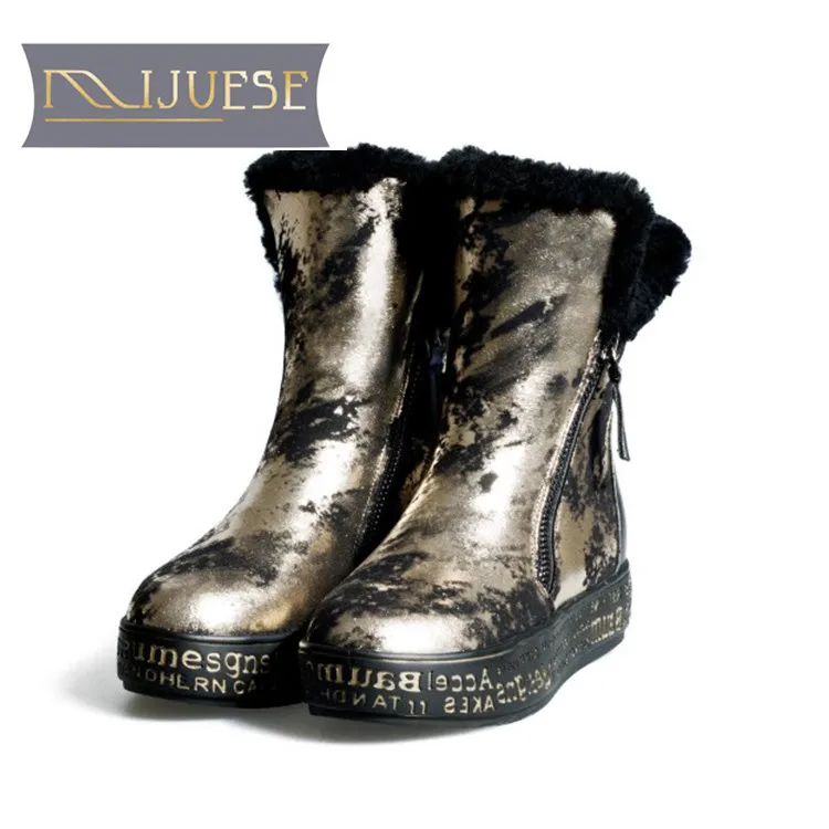 

MLJUESE 2018 women ankle boots zippers letters Gold color platform boots winter warm fur shearling boots female snow boots