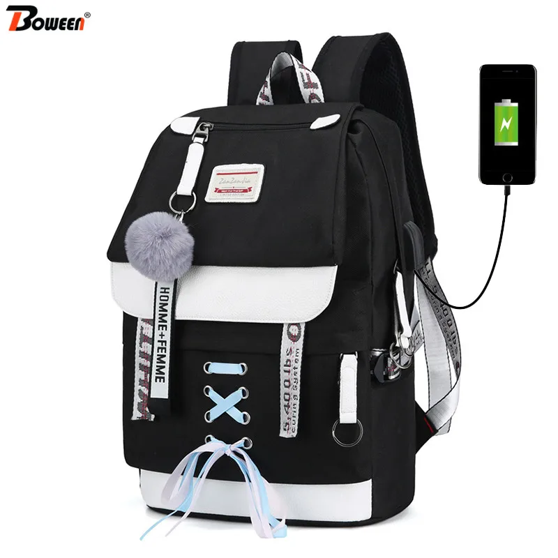 

Large Capacity Black Girls Backpack Women Canvas Teenage School Bag USB Big 2019 Summer Middle High College Student Bagpack Teen