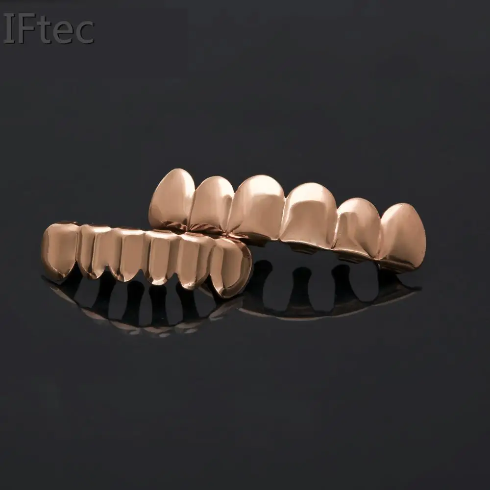 Iftec Rose Gold Color And Gun Black Grillz Top Bottom Teeth Grills Set