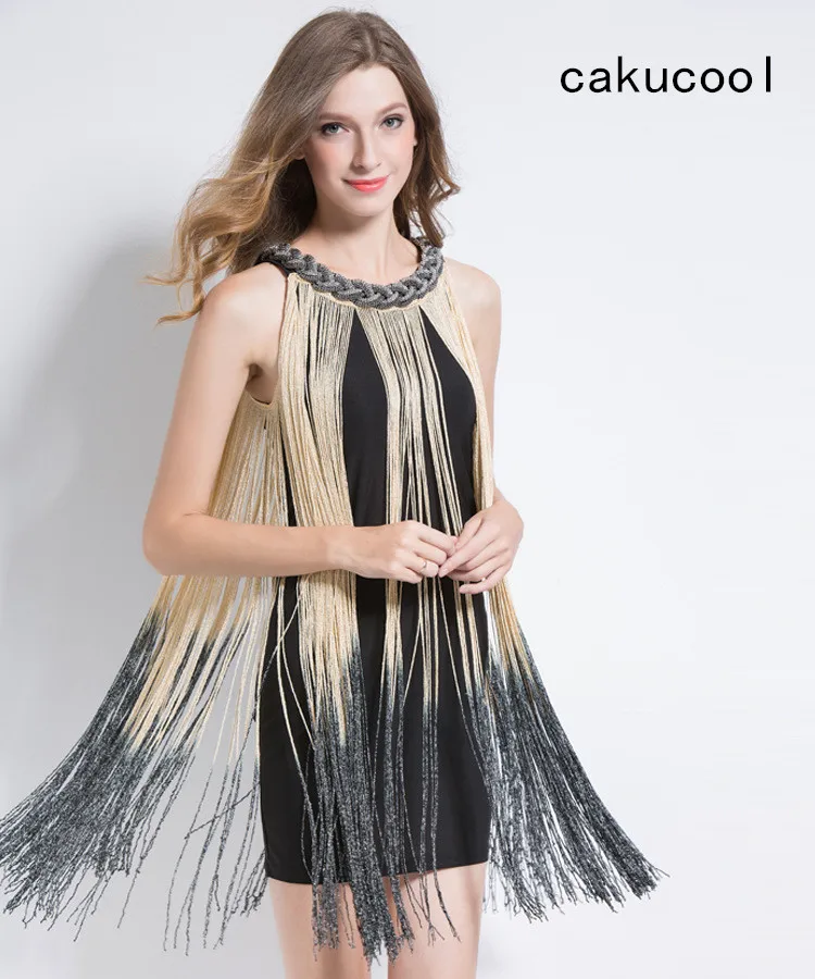 

Cakucool New Summer Sleevelss Dress Gradient Ramp Tassels Heavy Sequined Sundress Halter Bodycon Slim Runway Design Mini Dresses