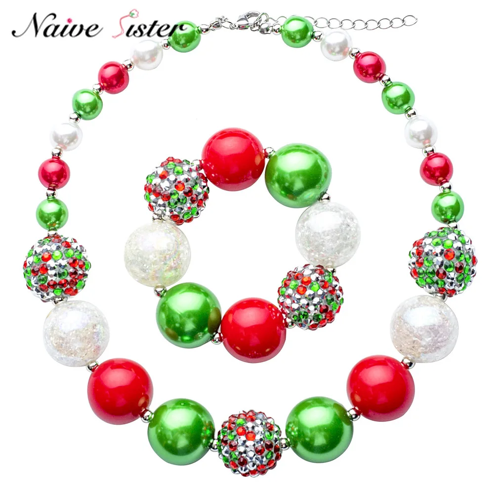 

Christmas Gift Red and Green Color Beads Choker Necklaces for Girls Fashion X-mas Present Kids Cute Handmade Jewelry Wholesale