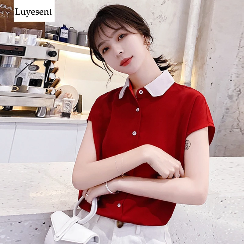 Blusa de verano OL rojo blanco para mujer, cuello Polo, botonadura suelta, contraste, Blusas 2019, ropa de calle, S 2XL estilo y camisas| - AliExpress