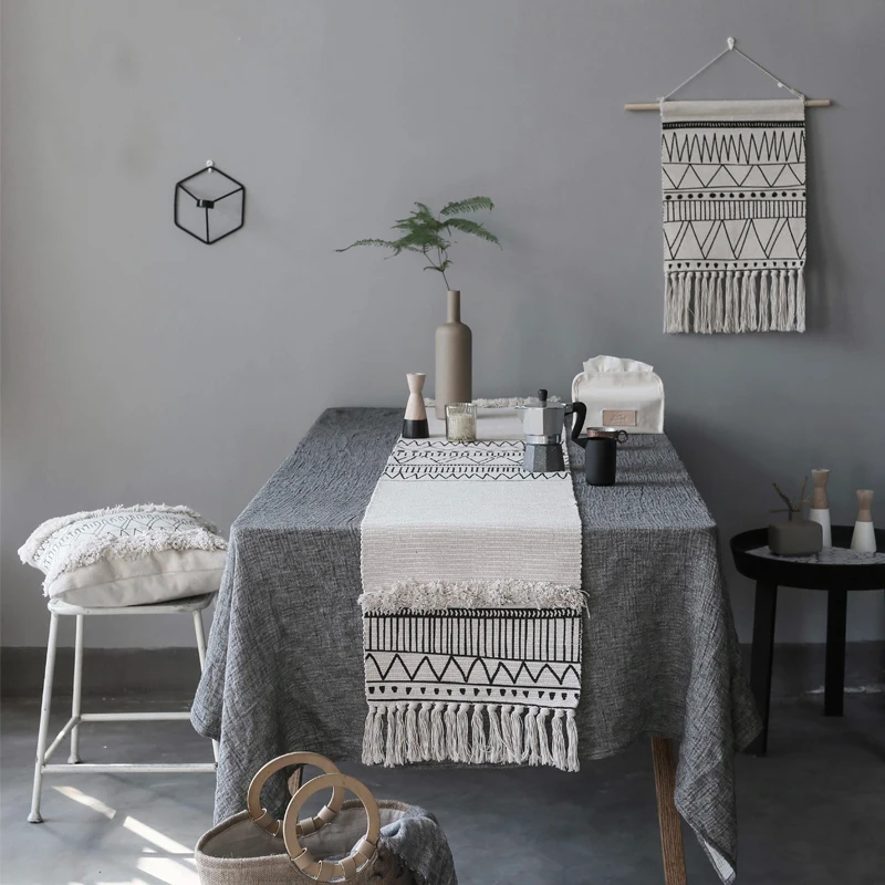 

Ins fashion Table cloth runner geometric black white stripe morocco Nordic style design