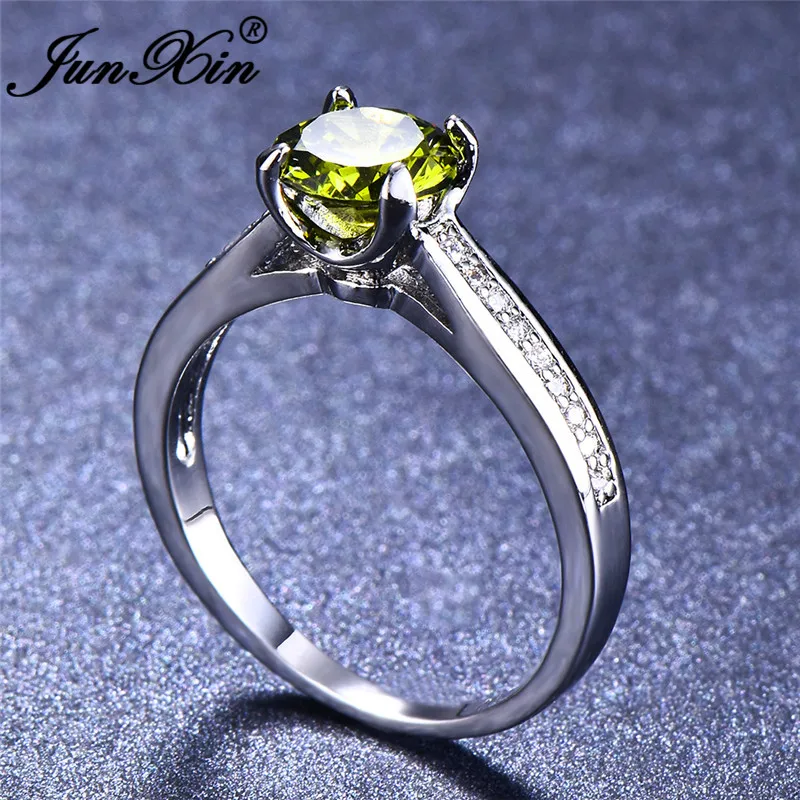 JUNXIN Fashion Round Cut Stone Olive Green Birthstone Rings For Women Men 925 Sterling Silver Filled Champagne Zircon Ring Gifts