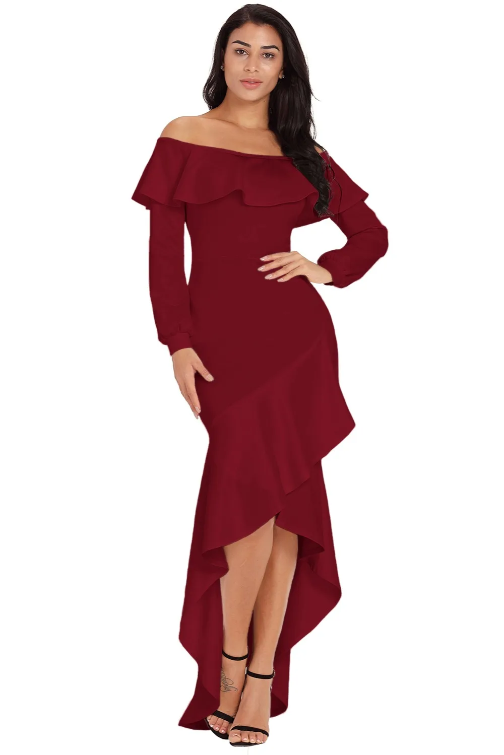 Burgundy-Lantern-Sleeve-Asymmetric-Ruffle-Hem-Evening-Dress-LC610303-3-1