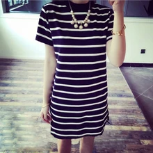 Summer Round Neck Short-sleeved Dress Black And White Striped Dresses Casual Loose Dress black casual round neck lace up side loose dress