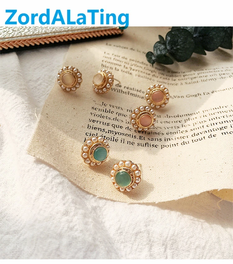

S925 silver needle pearl opal pink white green vintage simple earrings for women temperament new fashion earrings stud for girl